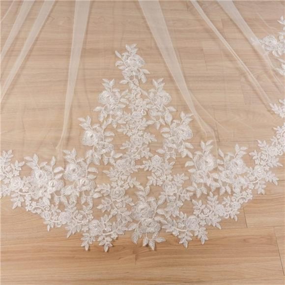 Long Cathedral Length 1 Tier Lace Wedding Bridal Veil  For Women
